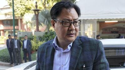 Union law minister Kiren Rijiju at Parliament House complex on Thursday. (PTI) Union law minister Kiren Rijiju at Parliament House complex on Thursday. (PTI)