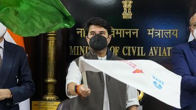 Union minister for civil aviation Jyotiraditya Scindia virtually flags off the first direct flight from Mumbai to San Francisco during the launch of Air India's direct flight services, in New Delhi on Thursday. (PTI) Union minister for civil aviation Jyotiraditya Scindia virtually flags off the first direct flight from Mumbai to San Francisco during the launch of Air India's direct flight services, in New Delhi on Thursday. (PTI)