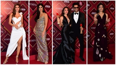 Kriti Sanon, Katrina Kaif, Kiara Advani with Vicky Kaushal and Rashmika Mandanna pose for the paparazzi at the event. (HT Photo/Varinder Chawla)