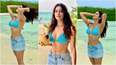 Earlier, Janhvi had travelled to the Maldives to enjoy a scenic holiday. She shared several pictures from her time there and gave a glimpse into her steal-worthy beach wardrobe. This click shows her dressed in a ribbed bikini top and distressed denim skirt styled with a beaded necklace. (Instagram) Earlier, Janhvi had travelled to the Maldives to enjoy a scenic holiday. She shared several pictures from her time there and gave a glimpse into her steal-worthy beach wardrobe. This click shows her dressed in a ribbed bikini top and distressed denim skirt styled with a beaded necklace. (Instagram)