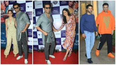 Kiara Advani, Vicky Kaushal, Katrina Kaif, Varun Dhawan and Karan Johar at Govinda Naam Mera screening in Mumbai. (Varinder Chawla) Kiara Advani, Vicky Kaushal, Katrina Kaif, Varun Dhawan and Karan Johar at Govinda Naam Mera screening in Mumbai. (Varinder Chawla)