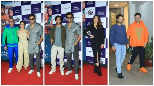 Shashank Khaitan, Kiara Advani, Vicky Kaushal, Sunny Kaushal, Sharvari Wagh, Varun Dhawan and Karan Johar at Govinda Naam Mera screening. (Varinder Chawla) Shashank Khaitan, Kiara Advani, Vicky Kaushal, Sunny Kaushal, Sharvari Wagh, Varun Dhawan and Karan Johar at Govinda Naam Mera screening. (Varinder Chawla)