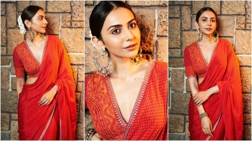 Rakul draped herself in six yards decorated with intricate Bandhani work and a half-sleeved blouse adorned with intricate embroidery and a deep V neckline. (Instagram) Rakul draped herself in six yards decorated with intricate Bandhani work and a half-sleeved blouse adorned with intricate embroidery and a deep V neckline. (Instagram)