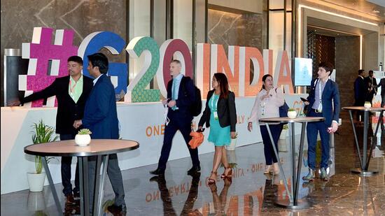 Delegates arrive for a meeting under the G20 Presidency of India, in Bengaluru on Wednesday. (ANI) Delegates arrive for a meeting under the G20 Presidency of India, in Bengaluru on Wednesday. (ANI)