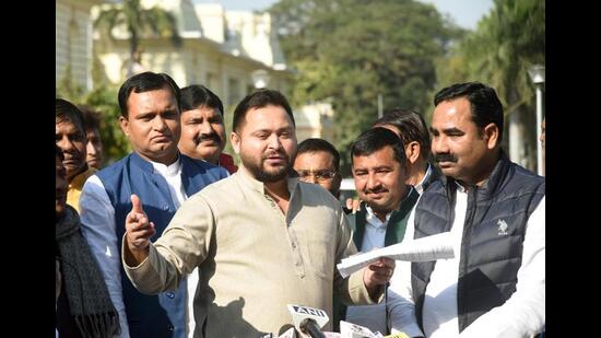 Deputy chief minister Tejashwi Prasad Yadav outside of Bihar Assembly in Patna on Thursday. (Santosh Kumar/HT Photo)