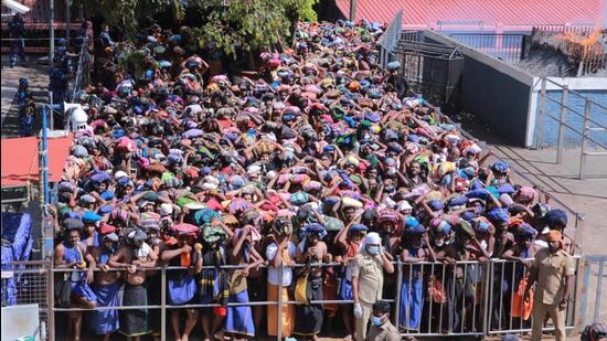 Devotees in large numbers at Sabarimala Temple, in Pathanamthitta. (PTI)