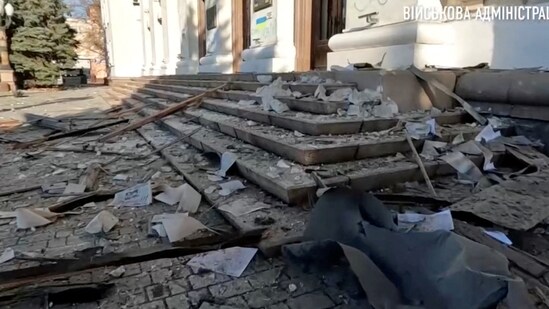 Russia-Ukraine War: View of the damage at Svobody Square in Kherson.(Reuters)