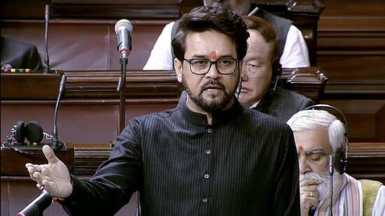 Union minister Anurag Thakur in Rajya Sabha on Thursday. (ANI)