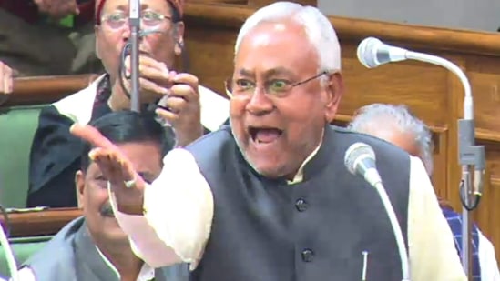 Bihar Chief Minister Nitish Kumar reacts as he responds to the opposition on the Chhapra hooch tragedy in the State Assembly, in Patna, Wednesday, Dec. 14, 2022.(PTI) Bihar Chief Minister Nitish Kumar reacts as he responds to the opposition on the Chhapra hooch tragedy in the State Assembly, in Patna, Wednesday, Dec. 14, 2022.(PTI)