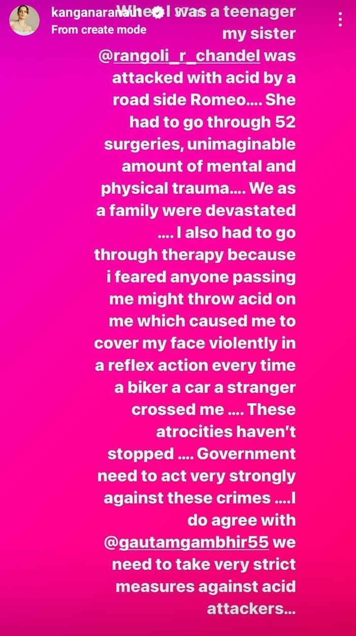 Kangana Ranaut shared a note on Instagram Stories.