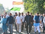 Top Congress leaders walk together on 100th day of Bharat Jodo Yatra. (Twitter) Top Congress leaders walk together on 100th day of Bharat Jodo Yatra. (Twitter)