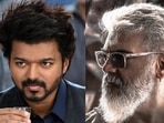 Actor Vijay in Varisu and actor Ajith in Thunivu. Actor Vijay in Varisu and actor Ajith in Thunivu.