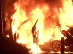Car catches fire in Rajasthan's Banswara district.(ANI Photo)