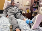 Shashi Tharoor after sustaining injuries on left foot on Thursday at Parliament building, Delhi.