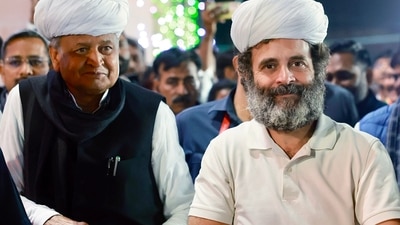 Rajasthan Chief Minister Ashok Gehlot walked alongside Rahul Gandhi briefly early in the morning, as the Bharat Jodo Yatra completed 100 days on the road. (AICC) Rajasthan Chief Minister Ashok Gehlot walked alongside Rahul Gandhi briefly early in the morning, as the Bharat Jodo Yatra completed 100 days on the road. (AICC)