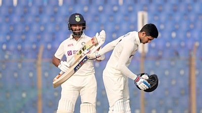 Apart from helping Gill reach his century, those two boundaries also raised the hundred-run stand between him and Pujara (BCCI Twitter) Apart from helping Gill reach his century, those two boundaries also raised the hundred-run stand between him and Pujara (BCCI Twitter)