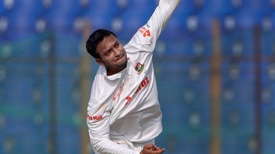 Bangladesh captain Shakib Al Hasan bowls during the first day of the first Test cricket match between Bangladesh and India in Chattogram (AP) Bangladesh captain Shakib Al Hasan bowls during the first day of the first Test cricket match between Bangladesh and India in Chattogram (AP)