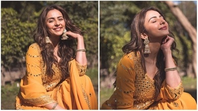 Rakul Preet: If you have a lot of running around to do then a sharara or salwar set should definitely be your outfit for the day. Keep it comfy with juttis and style your look with traditional jhumkas and bangles. (Instagram/@rakulpreet) Rakul Preet: If you have a lot of running around to do then a sharara or salwar set should definitely be your outfit for the day. Keep it comfy with juttis and style your look with traditional jhumkas and bangles. (Instagram/@rakulpreet)