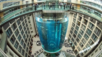 People gather on the top of the AquaDom aquarium. (AP) People gather on the top of the AquaDom aquarium. (AP)