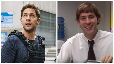 John Krasinski as Jack Ryan (left) and Jim Halpert in The Office (right).