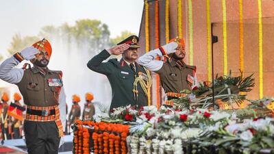 Lt Gen Nav K Khanduri, General Officer Commanding-in-chief, Western Command, pays tributes at Balidan Stambh during Vijay Diwas celebrations in Jammu on Friday. (PTI)
