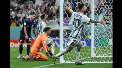 Messi celebrates the stunning goal in the semi-final against Croatia, on December 13. As he raced across the field, waiting to pass to Julian Alvarez, the ball, in characteristic fashion, stayed glued to his feet as if by some otherworldly force. The goal took Argentina into the final. (AFP) Messi celebrates the stunning goal in the semi-final against Croatia, on December 13. As he raced across the field, waiting to pass to Julian Alvarez, the ball, in characteristic fashion, stayed glued to his feet as if by some otherworldly force. The goal took Argentina into the final. (AFP)