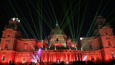 Laser show at Victoria Memorial during the Vijay Diwas celebrations, in Kolkata, on Wednesday. (PTI) Laser show at Victoria Memorial during the Vijay Diwas celebrations, in Kolkata, on Wednesday. (PTI)