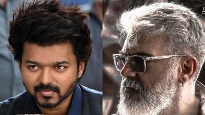 Actor Vijay in Varisu and actor Ajith in Thunivu. Actor Vijay in Varisu and actor Ajith in Thunivu.