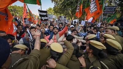 The BJP’s protest against Bilawal’s remark on PM Modi, near Pakistan embassy at Chanakyapuri in New Delhi on Friday. (Raj K Raj/Hindustan Times)