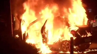 Car catches fire in Rajasthan's Banswara district. (ANI Photo)