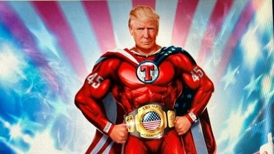 A photo illustration shows computer screens displaying former president Donald Trump's newly released digital trading card collection as revealed in an online announcement on his platform. (AFP) A photo illustration shows computer screens displaying former president Donald Trump's newly released digital trading card collection as revealed in an online announcement on his platform. (AFP)