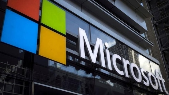A Microsoft logo is seen on an office building in New York City.