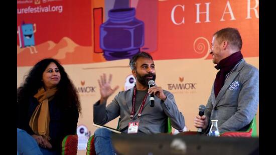 Andrew Sean Greer (R) and Anita Nair (L) in conversation with Prayaag Akbar at the Jaipur Literature Festival, 2019. (Amal KS/HT PHOTO)