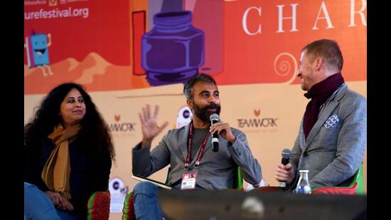 Andrew Sean Greer (R) and Anita Nair (L) in conversation with Prayaag Akbar at the Jaipur Literature Festival, 2019. (Amal KS/HT PHOTO) Andrew Sean Greer (R) and Anita Nair (L) in conversation with Prayaag Akbar at the Jaipur Literature Festival, 2019. (Amal KS/HT PHOTO)