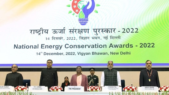 President Droupadi Murmu at the National Energy Conservation Awards at Vigyan Bhavan, in New Delhi on Wednesday. (ANI Photo)