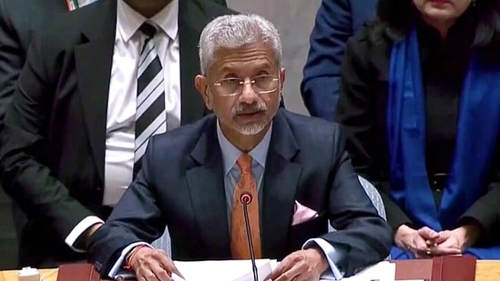 Foreign Minister S Jaishankar speaking at UN Security Council, on Wednesday. (ANI)