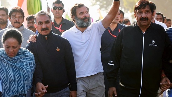 Himachal Pradesh Chief Minister Sukhvinder Singh Sukhu, his deputy Mukesh Agnihotri and the Congress' chief in the hill state Pratibha Singh walked alongside Rahul Gandhi as the Bharat Jodo Yatra completes 100 days on the road today. (ANI)
