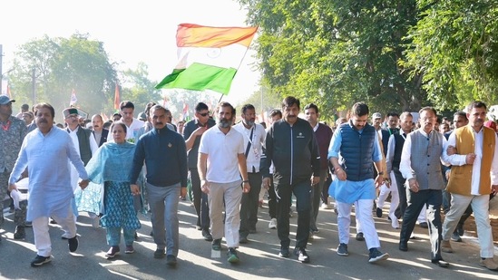 Top Congress leaders walk together on 100th day of Bharat Jodo Yatra. (Twitter) Top Congress leaders walk together on 100th day of Bharat Jodo Yatra. (Twitter)