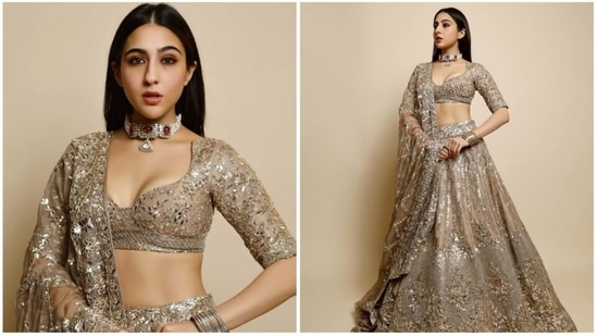 Sara Ali Khan: If you love the dramatic look then you shouldn't think twice before choosing a heavily embellished lehenga like this. Make sure to keep your jewellery minimal and let your outfit do all the talking.&nbsp;(Instagram/@saraalikhan95)