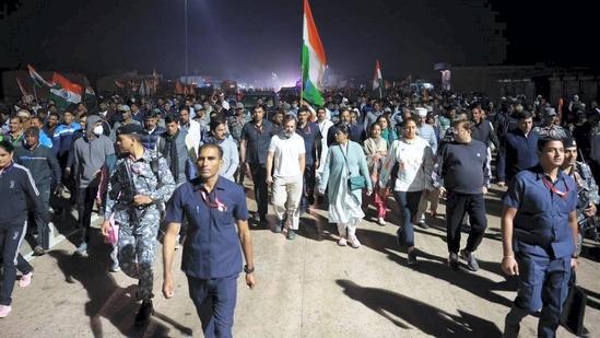 Congress MP Rahul Gandhi-led Bharat Jodo Yatra which started on September 7 marked its 100 days on Friday. The march aims to create awareness among people and strengthen the Congress party ahead of the 2024 general election.(PTI)