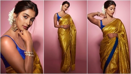 Earlier, Pooja had shared pictures of another traditional look she had donned to promote Cirkus. She draped herself in a gold silk saree and a sleeveless blue-coloured blouse styled with ornate bangles, matching earrings, a centre-parted messy bun, white gajra, and minimal makeup.(Instagram)