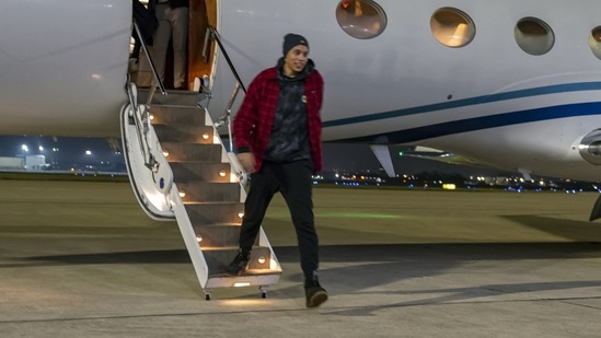 WNBA star Brittney Griner arriving at Kelly Field in San Antonio following her release in a prisoner swap with Russia on Dec. 9.(AP file)