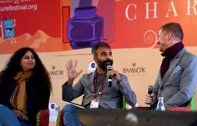Andrew Sean Greer (R) and Anita Nair (L) in conversation with Prayaag Akbar at the Jaipur Literature Festival, 2019. (Amal KS/HT PHOTO) Andrew Sean Greer (R) and Anita Nair (L) in conversation with Prayaag Akbar at the Jaipur Literature Festival, 2019. (Amal KS/HT PHOTO)