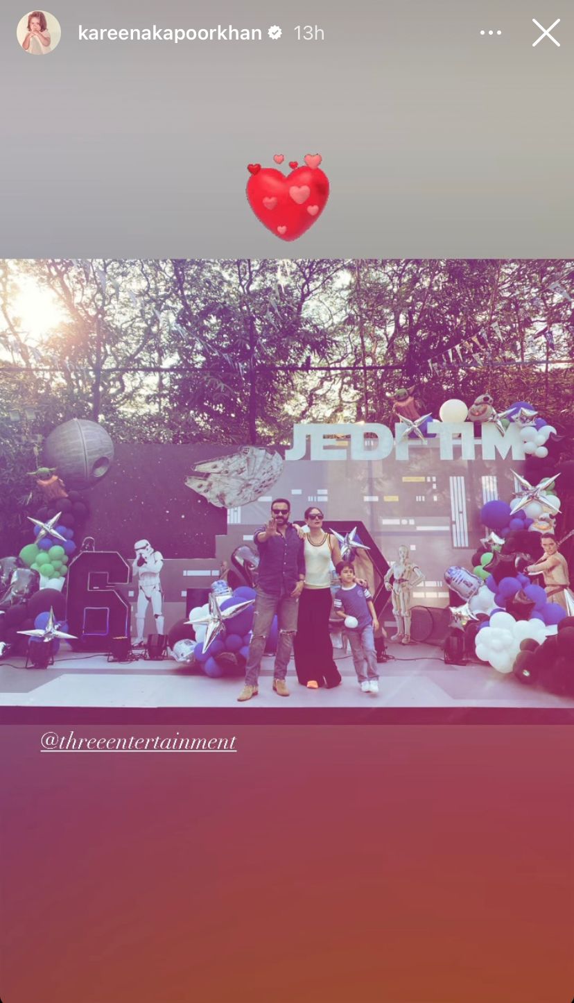 Kareena Kapoor shares picture with Taimur Ali Khan and Saif Ali Khan from Taimur's pre-birthday celebration via Instagram Stories.