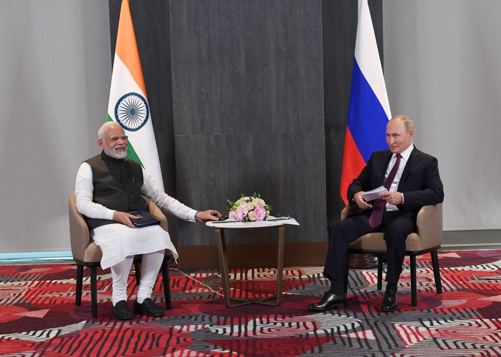 PM Narendra Modi and Russia's President Vladimir Putin hold talks on the sidelines of SCO summit in Samarkand in September. (Twitter@PMOIndia)