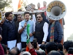 Bharatiya Janata Party Yuva Morcha National President Tejasvi Surya addresses during a protest over the remarks by Pakistan foreign minister Bilawal Bhutto Zardari on Prime Minister Narendra Modi outside Pakistan high commission in New Delhi on Friday. 