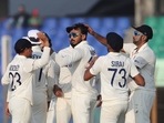Axar Patel celebrates the wicket with his teammates(AP) Axar Patel celebrates the wicket with his teammates(AP)