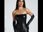 Janhvi Kapoor in a black leather dress.(Instagram/@janhvikapoor) Janhvi Kapoor in a black leather dress.(Instagram/@janhvikapoor)