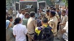Police personnel carry a patient in an ambulance after a fire broke out in Ghatkopar area, in Mumbai on Saturday. (ANI) Police personnel carry a patient in an ambulance after a fire broke out in Ghatkopar area, in Mumbai on Saturday. (ANI)