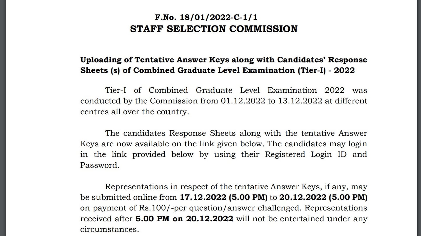 SSC 2022 Tier 1 answer key released at ssc.nic.in, direct link here